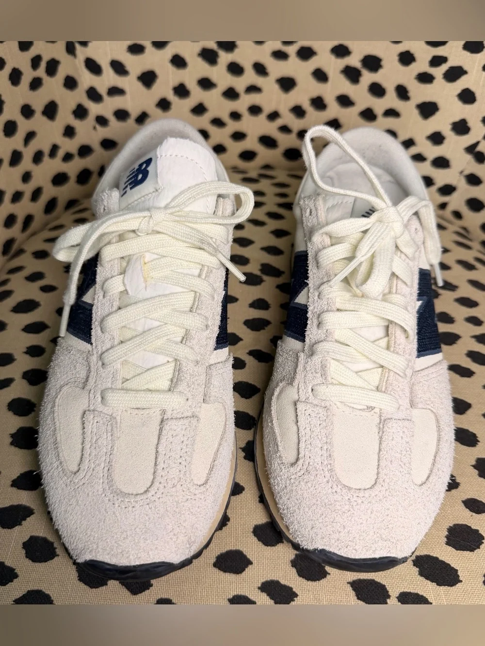 New Balance Women’s White Suede Sneakers with Navy 'N' Accent
